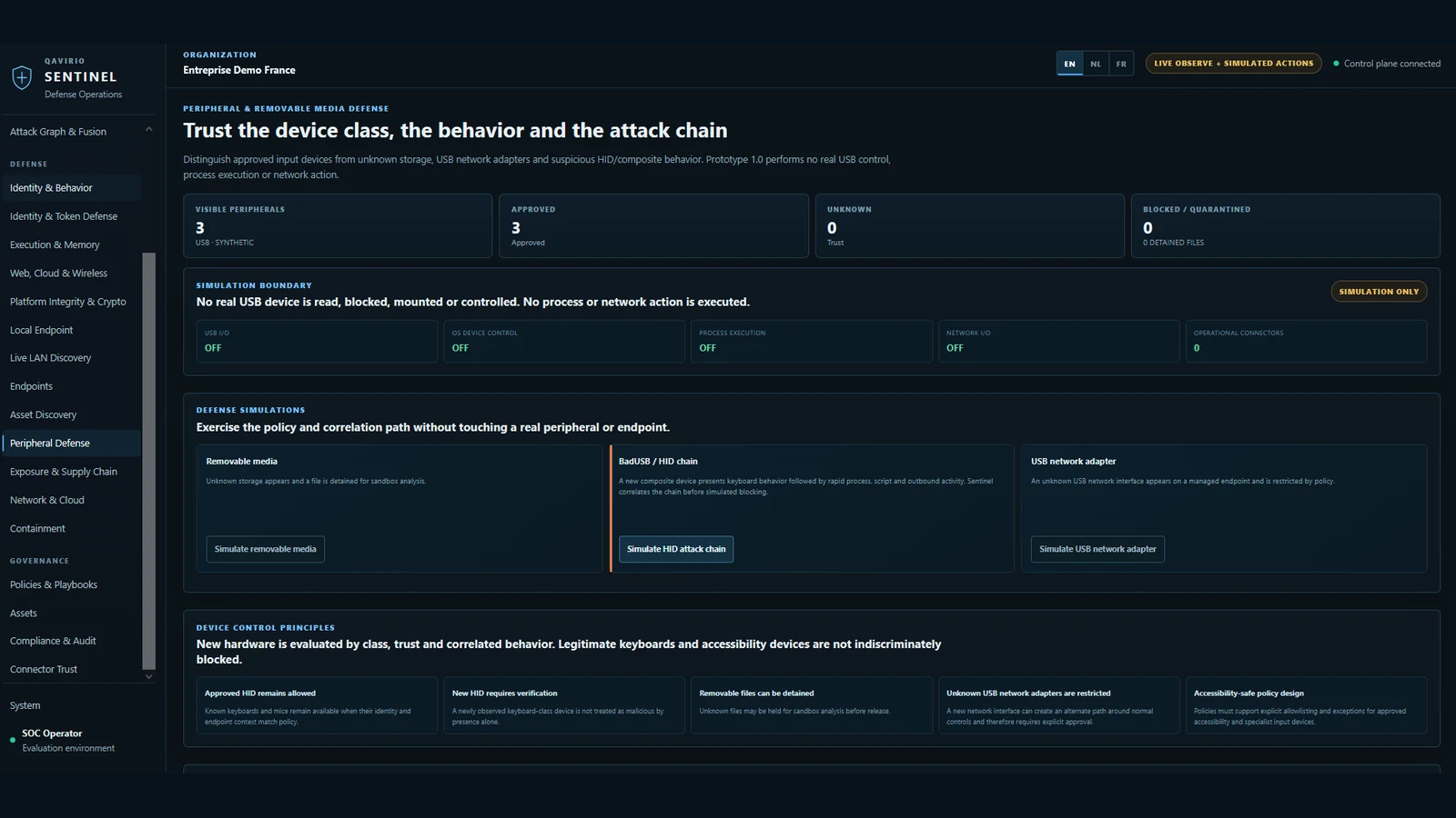 Qavirio Sentinel Peripheral Defense interface